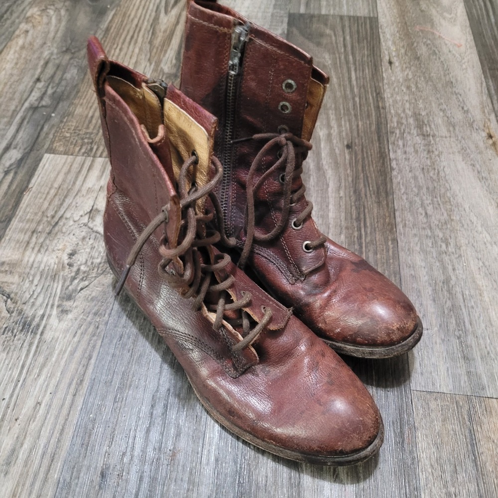 Frye Veronica Combat Boots Womens 7r Brown Leather Lace Up Zip Moto Made Mexico